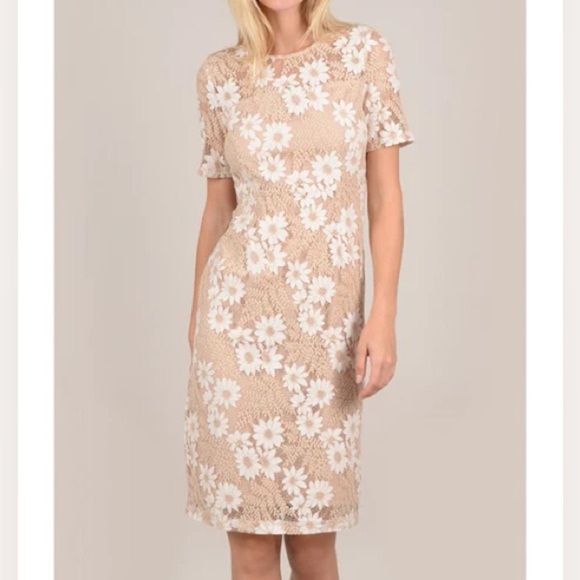Molly Bracken Dresses & Skirts - Molly Bracken Tan Cream Crochet Flower Modest Classic Preppy Sheath Dress Med